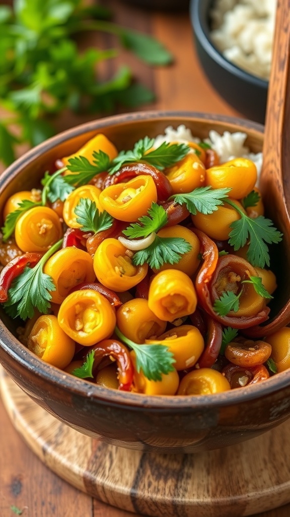 A colorful stir-fry of drumstick flowers and onions, garnished with coriander, served with rice.